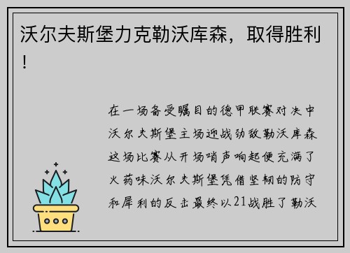 沃尔夫斯堡力克勒沃库森，取得胜利！
